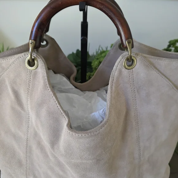 Banana Republic Suede HOBO Bag With Wooden Handles - Picture 11 of 14